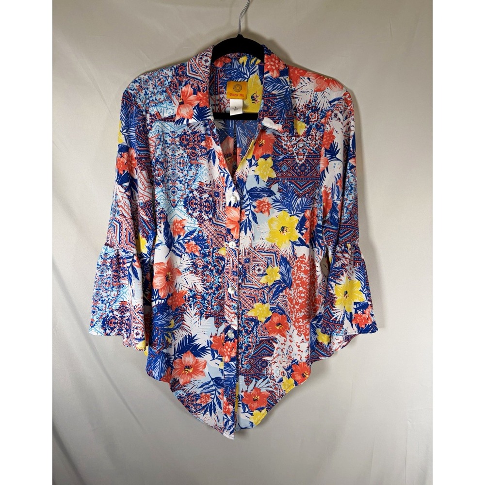 Ruby Road Womens Large Floral Button Front Tie Front Blouse 3/4 Bell Sleeve